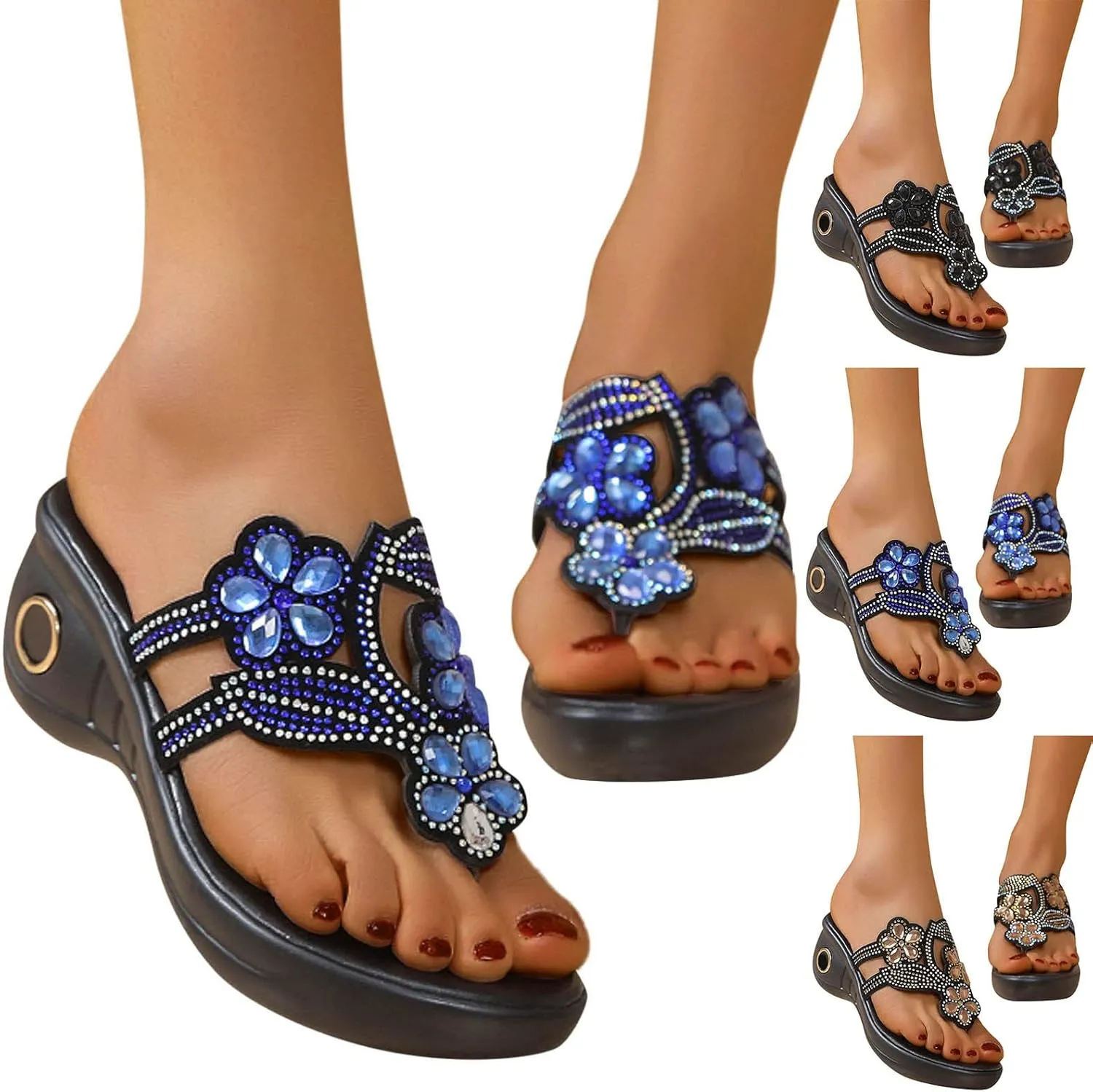 Womens Flip Flops Wedge Sandals with Arch Support Platform Slip On Walking Beaded Beach Open toe Thong Shoes
