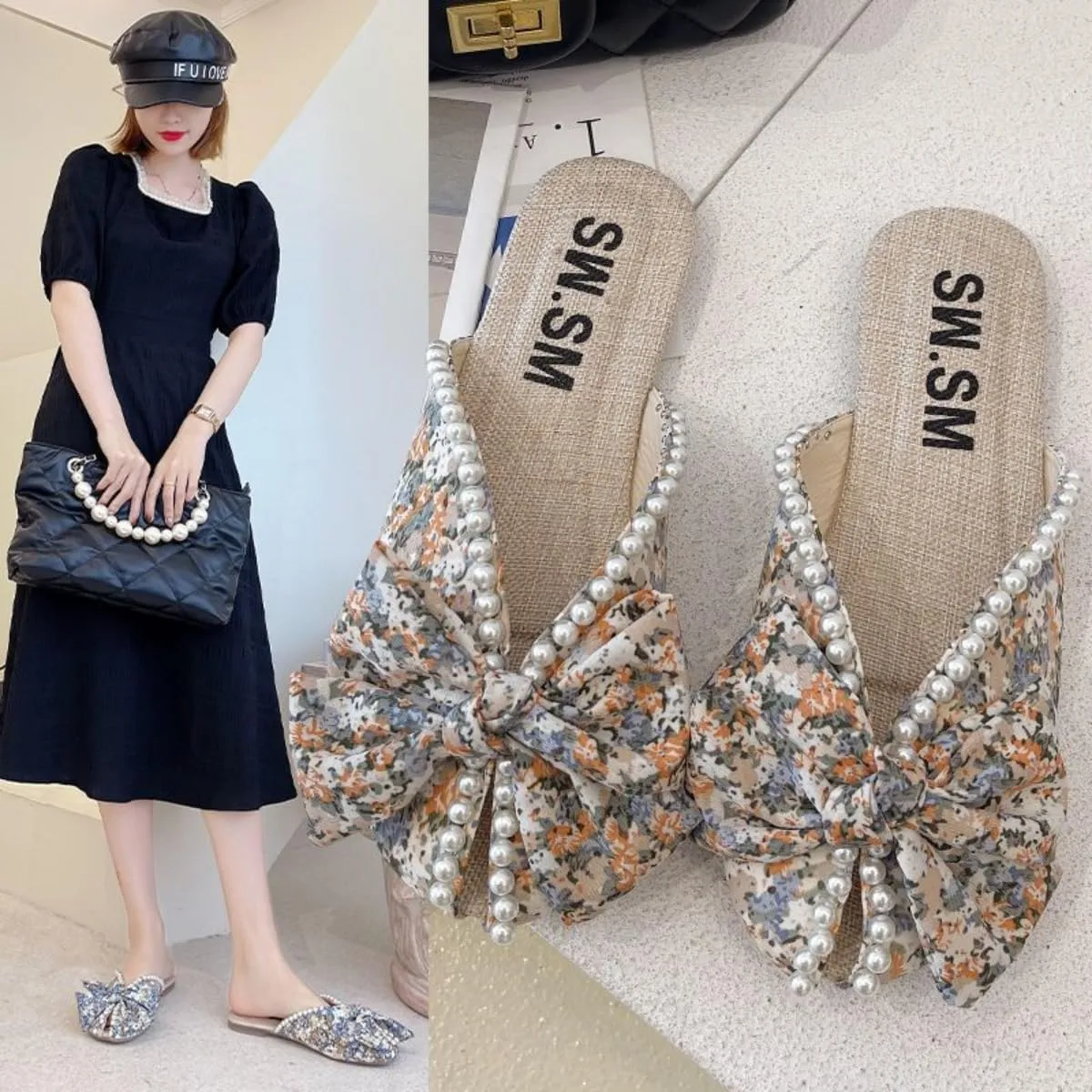 Women's floral print Sandals With bow and pearls Korean canvas flat slippers Girl's Non-Slip Slides Girly Indoor