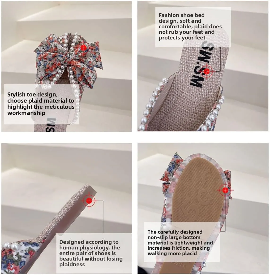 Women's floral print Sandals With bow and pearls Korean canvas flat slippers Girl's Non-Slip Slides Girly Indoor