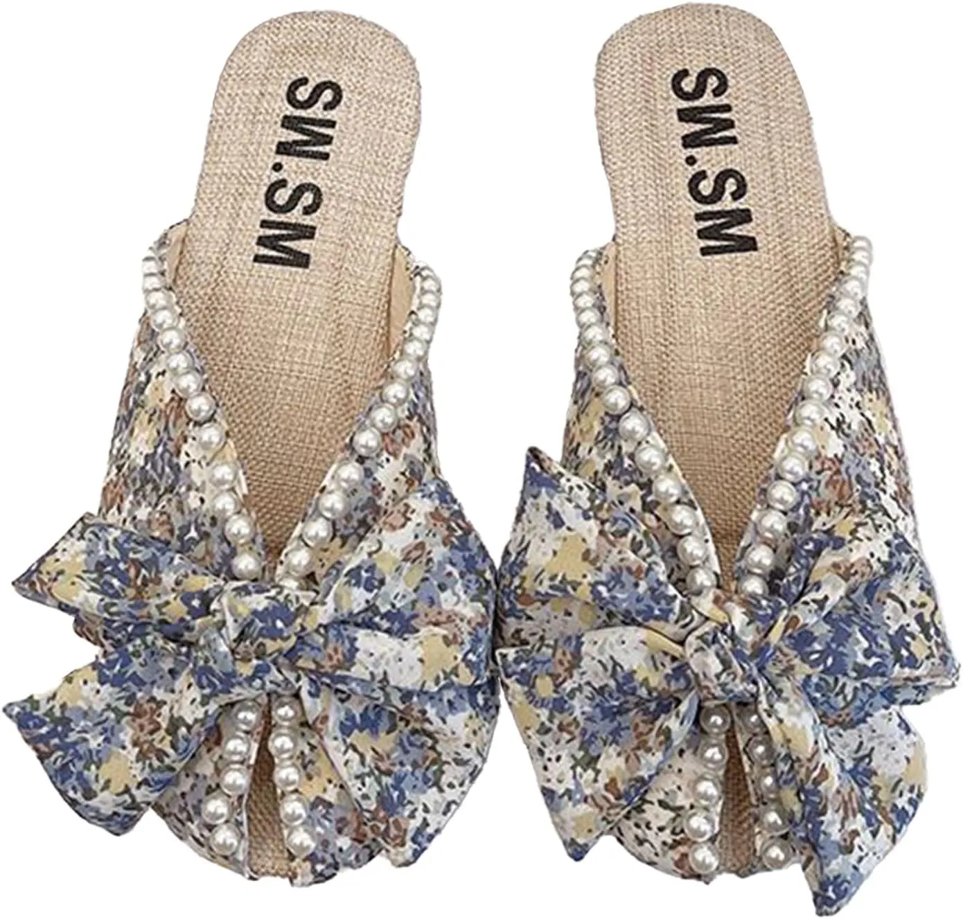 Women's floral print Sandals With bow and pearls Korean canvas flat slippers Girl's Non-Slip Slides Girly Indoor