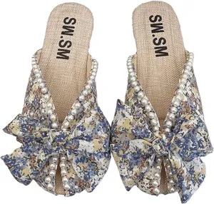 Women's floral print Sandals With bow and pearls Korean canvas flat slippers Girl's Non-Slip Slides Girly Indoor