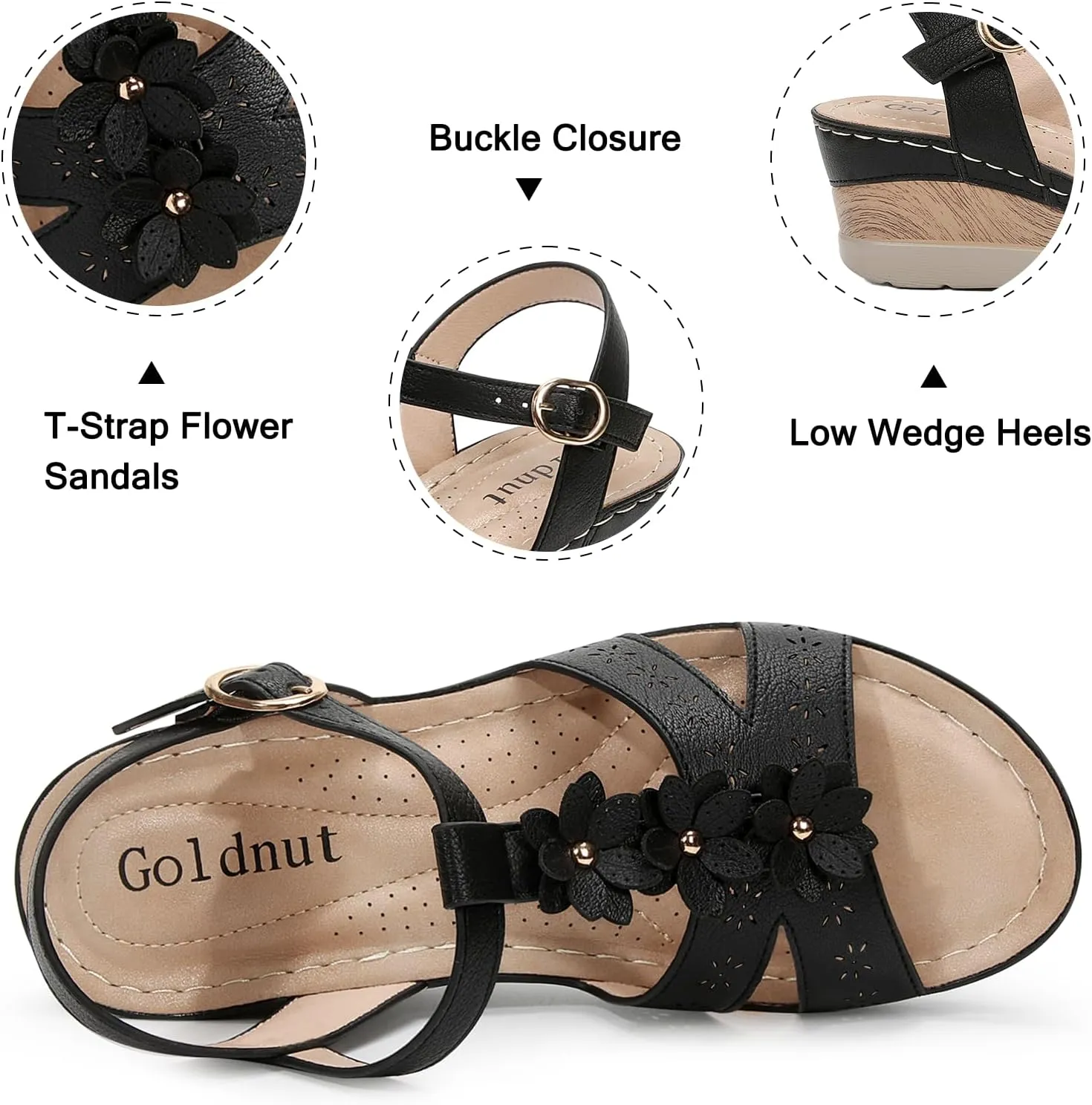 Women's Flowers Ankle T Strap Hollow Out Lightweight Wedge Heels Sandals