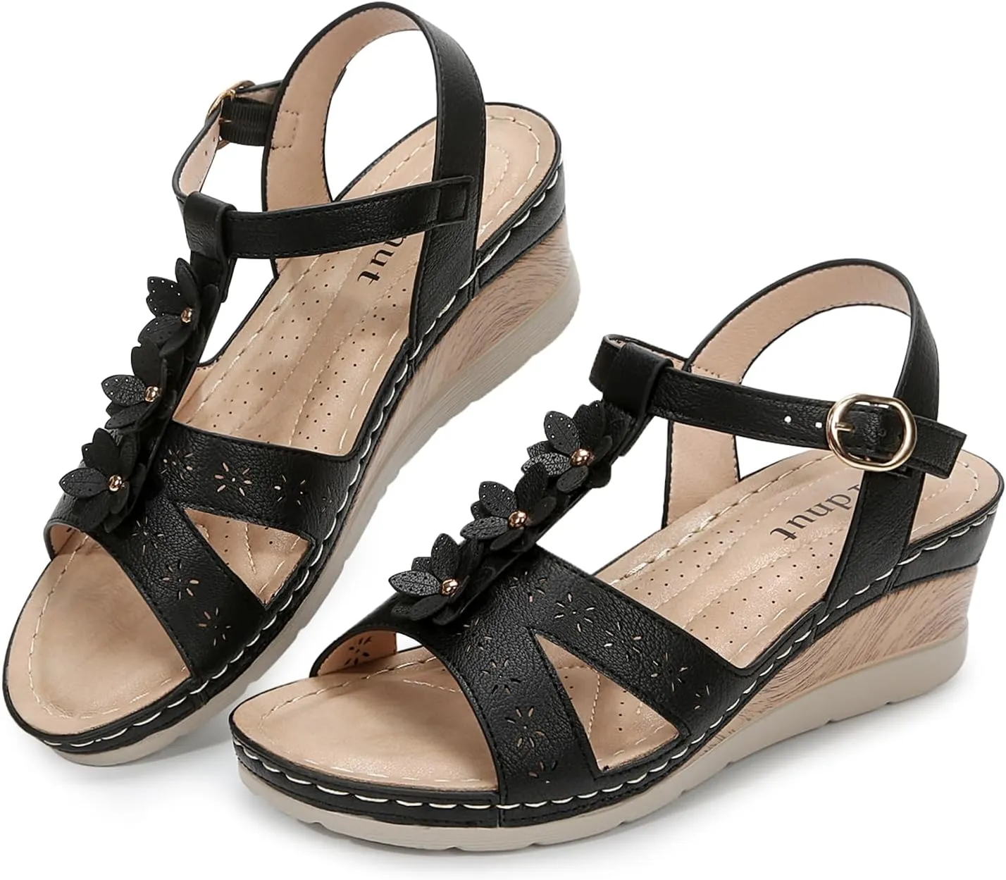 Women's Flowers Ankle T Strap Hollow Out Lightweight Wedge Heels Sandals