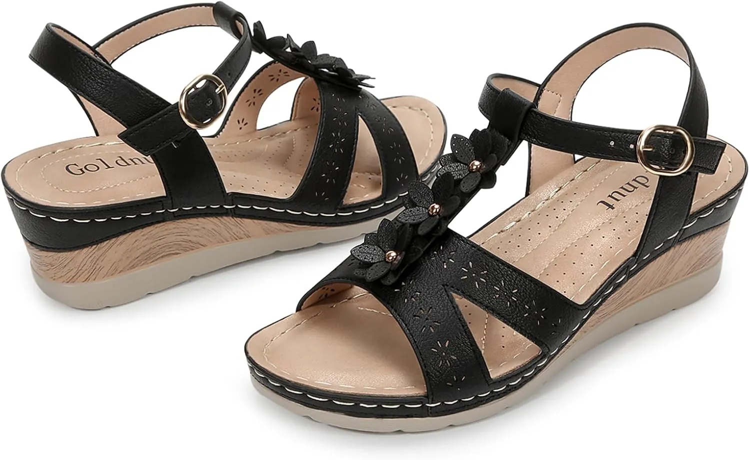 Women's Flowers Ankle T Strap Hollow Out Lightweight Wedge Heels Sandals