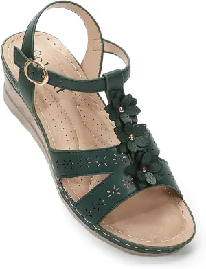 Women's Flowers Ankle T Strap Hollow Out Lightweight Wedge Heels Sandals
