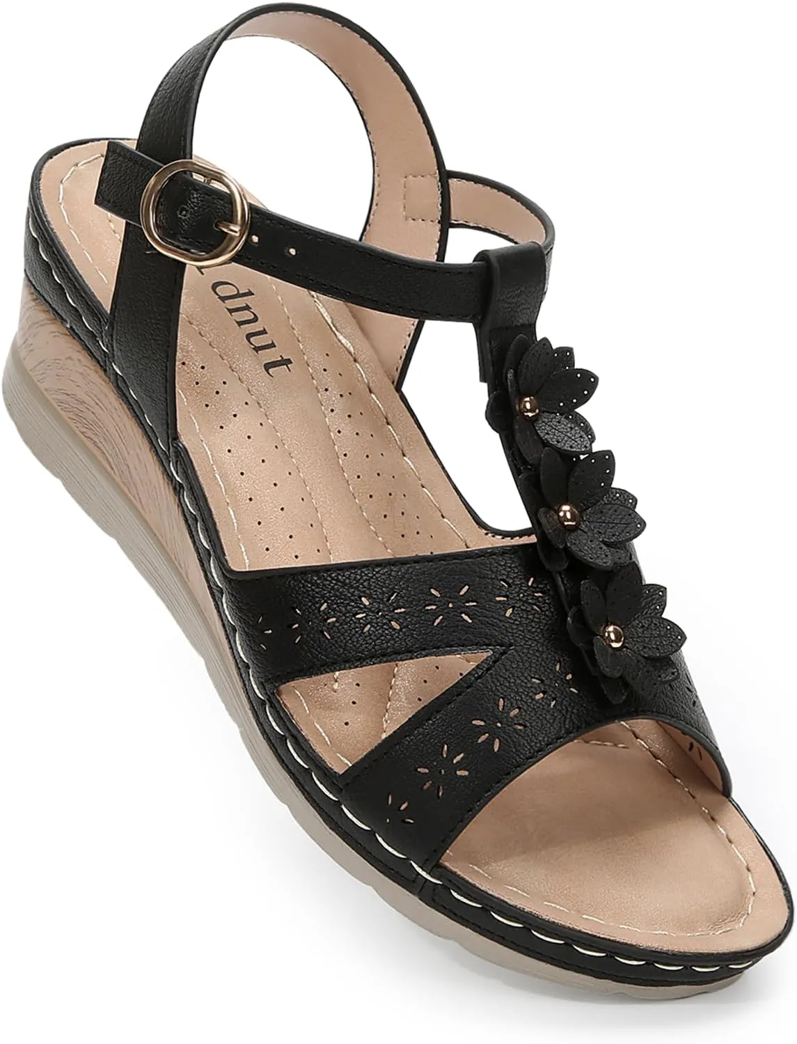 Women's Flowers Ankle T Strap Hollow Out Lightweight Wedge Heels Sandals