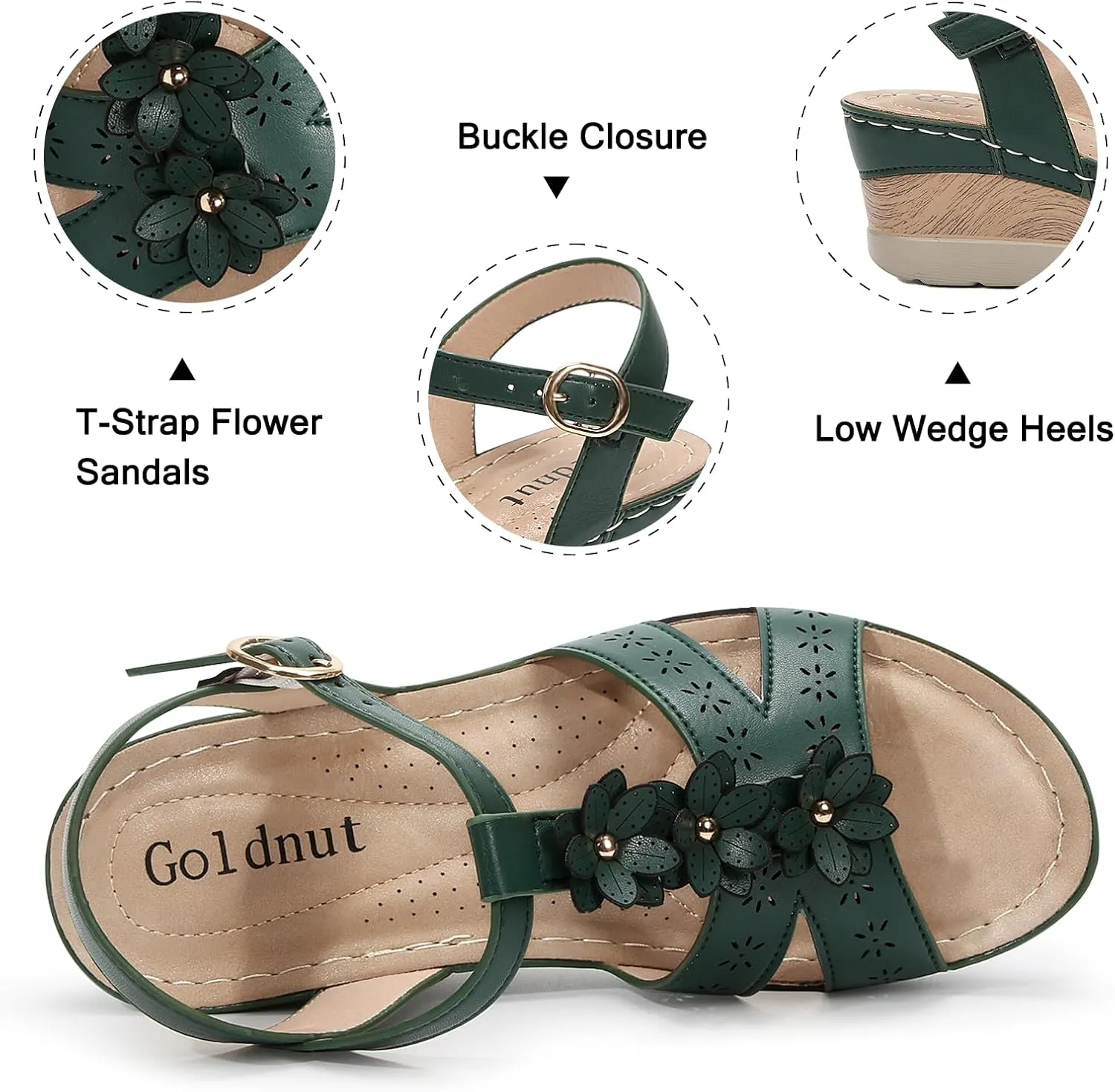 Women's Flowers Ankle T Strap Hollow Out Lightweight Wedge Heels Sandals