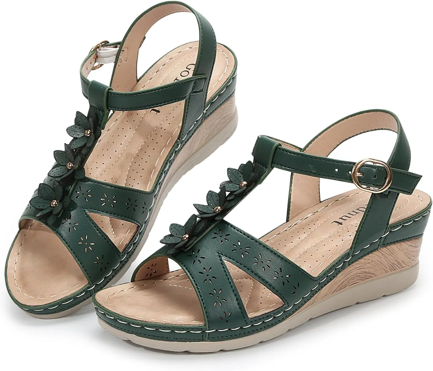 Women's Flowers Ankle T Strap Hollow Out Lightweight Wedge Heels Sandals