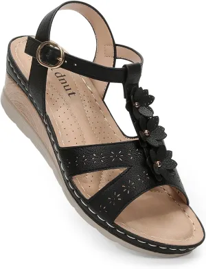 Women's Flowers Ankle T Strap Hollow Out Lightweight Wedge Heels Sandals