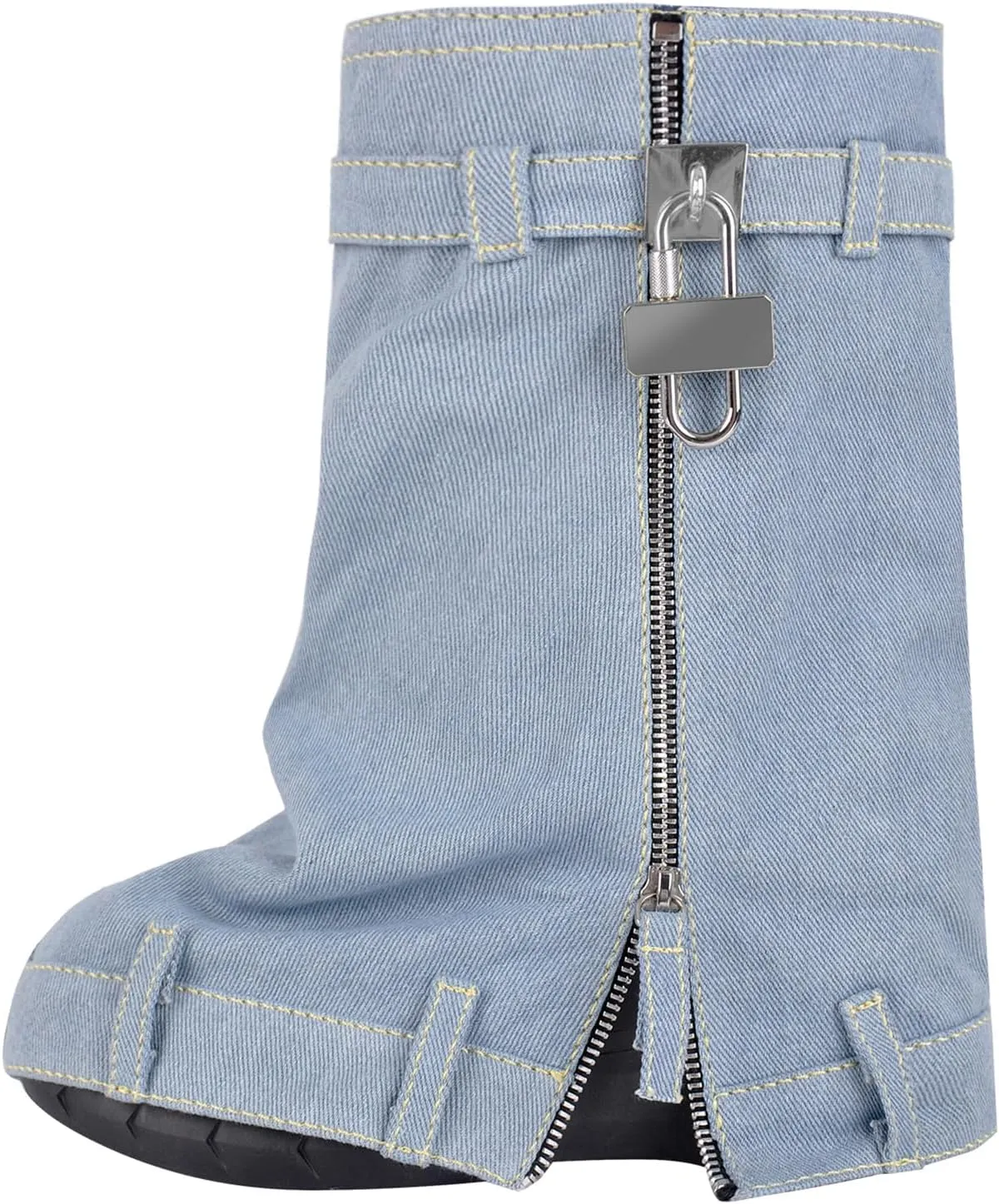 Women's Fold Over Knee High Denim Boots with Zipper Lock