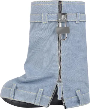 Women's Fold Over Knee High Denim Boots with Zipper Lock