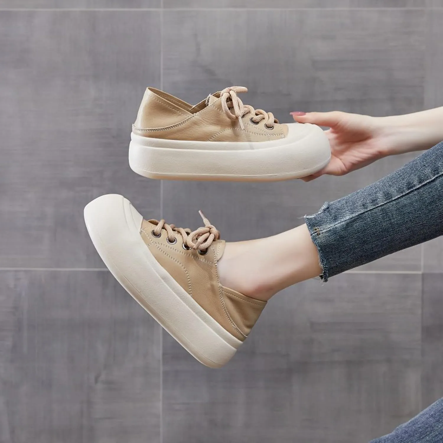 Women's Genuine Leather Lace up Platform Sneakers Comfortable Wide Round Toe Non Slip Heighten Cute Walking Shoes for Party Traveling Shopping Casual Shoes
