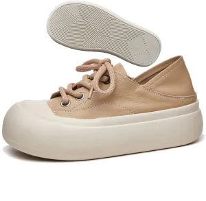 Women's Genuine Leather Lace up Platform Sneakers Comfortable Wide Round Toe Non Slip Heighten Cute Walking Shoes for Party Traveling Shopping Casual Shoes