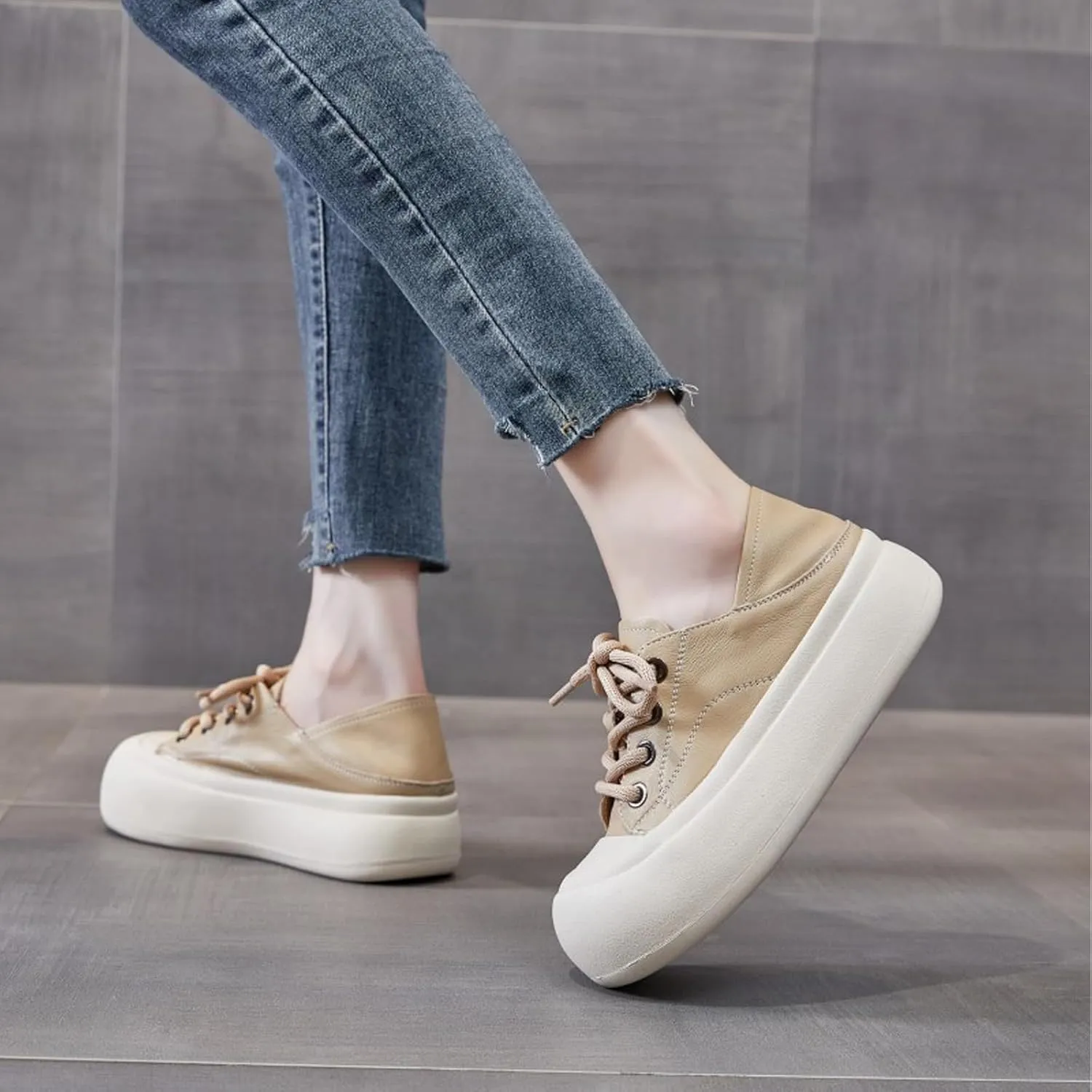 Women's Genuine Leather Lace up Platform Sneakers Comfortable Wide Round Toe Non Slip Heighten Cute Walking Shoes for Party Traveling Shopping Casual Shoes