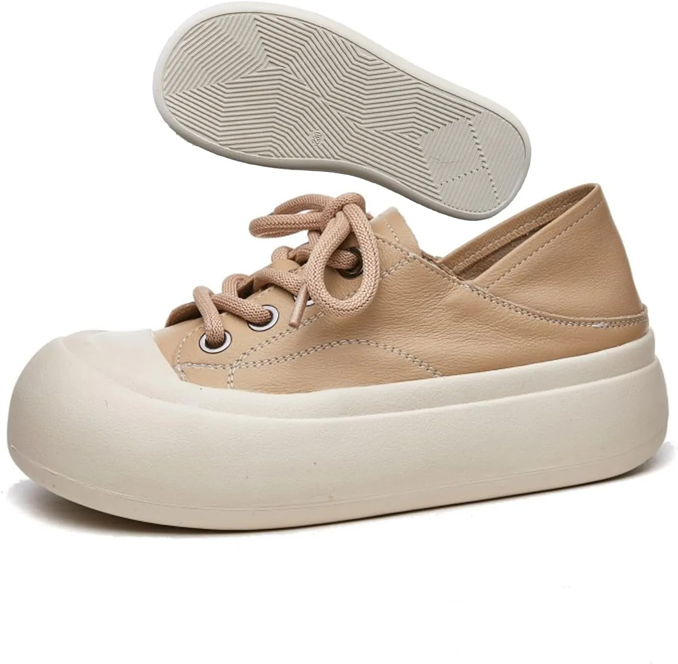 Women's Genuine Leather Lace up Platform Sneakers Comfortable Wide Round Toe Non Slip Heighten Cute Walking Shoes for Party Traveling Shopping Casual Shoes
