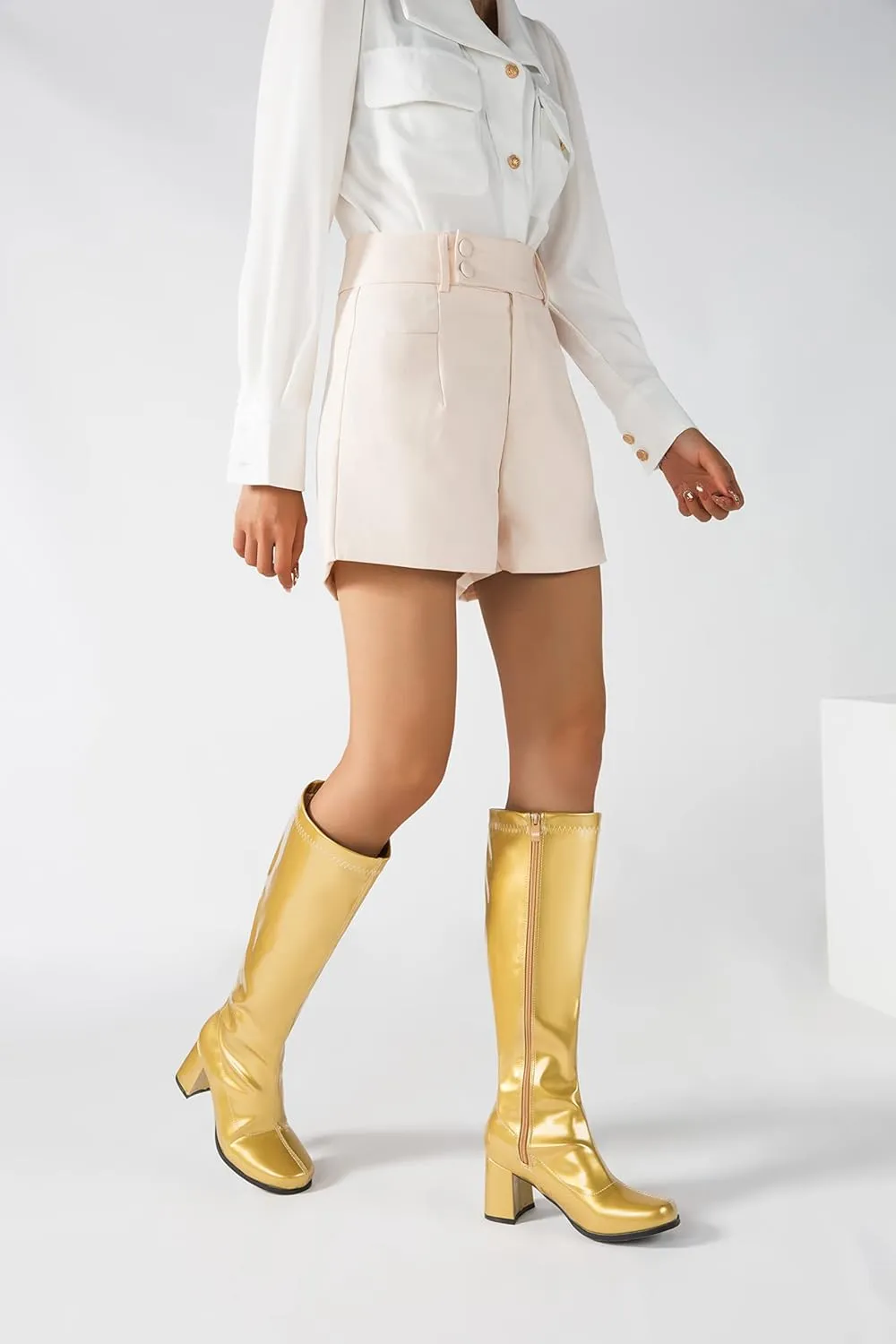 Women's Go Go Boots Over The Knee Block Heel Zipper Boot