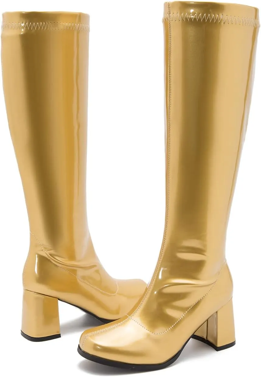 Women's Go Go Boots Over The Knee Block Heel Zipper Boot