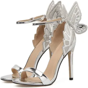 Women's Heeled Sandal Ankle Buckle Stiletto High Heel Open Toe High Heels Three-Dimensional Butterfly Wings Decoration Womens Sandals Strappy Sandals Wedding Shoes Dress Sandals,Silver,40