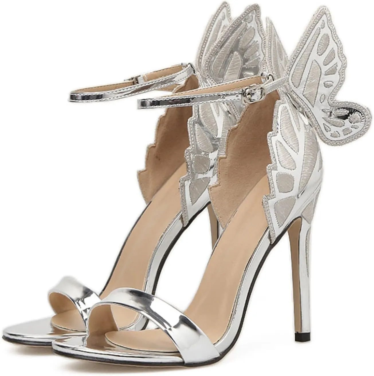 Women's Heeled Sandal Ankle Buckle Stiletto High Heel Open Toe High Heels Three-Dimensional Butterfly Wings Decoration Womens Sandals Strappy Sandals Wedding Shoes Dress Sandals,Silver,40