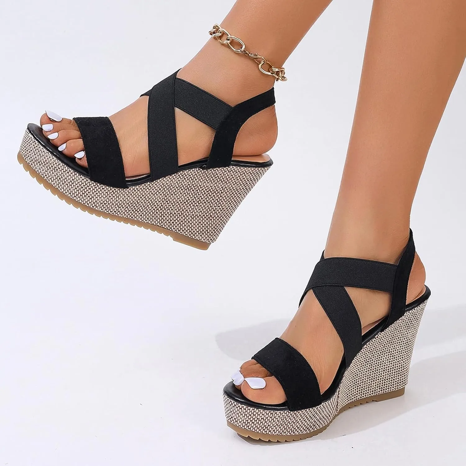 Women's High Heel Platform Espadrille Wedge Sandals Open Toe With Faux Leather Upper Cross Ankle Buckle Strap Non Slip Soles Slip on Elastic Ankle Strap Sandals for Women Casual Dressy Summer