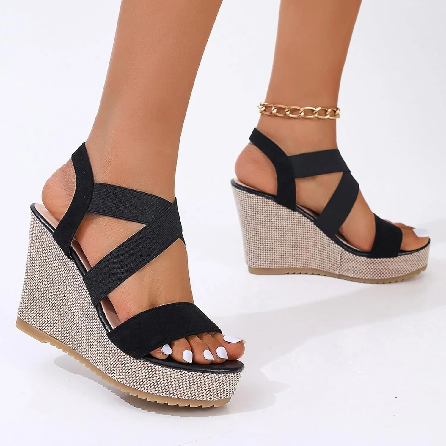 Women's High Heel Platform Espadrille Wedge Sandals Open Toe With Faux Leather Upper Cross Ankle Buckle Strap Non Slip Soles Slip on Elastic Ankle Strap Sandals for Women Casual Dressy Summer