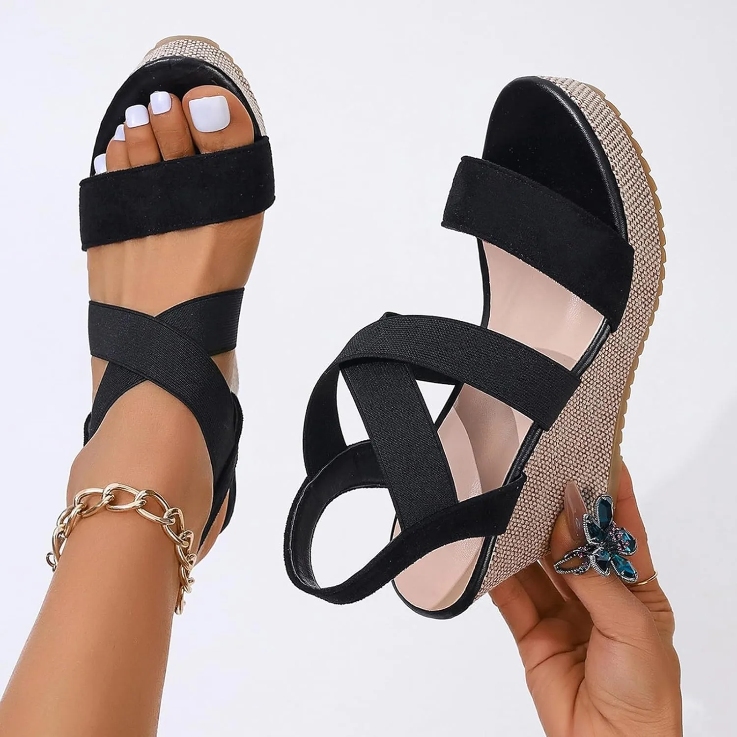 Women's High Heel Platform Espadrille Wedge Sandals Open Toe With Faux Leather Upper Cross Ankle Buckle Strap Non Slip Soles Slip on Elastic Ankle Strap Sandals for Women Casual Dressy Summer