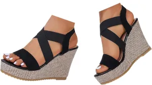 Women's High Heel Platform Espadrille Wedge Sandals Open Toe With Faux Leather Upper Cross Ankle Buckle Strap Non Slip Soles Slip on Elastic Ankle Strap Sandals for Women Casual Dressy Summer