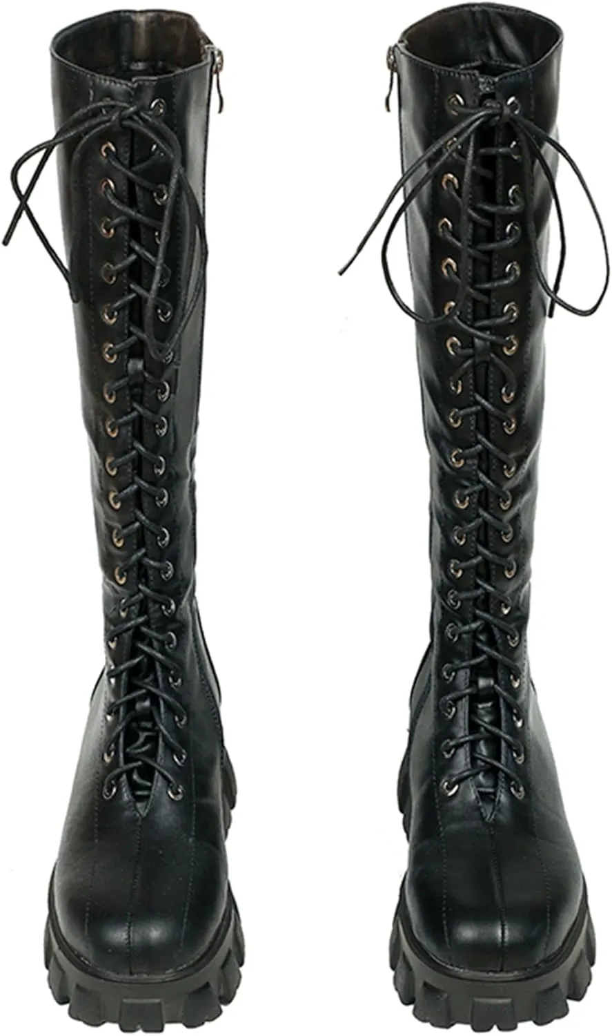 Women's knee high boots laces up eyelets long boots Ladies round toe boots