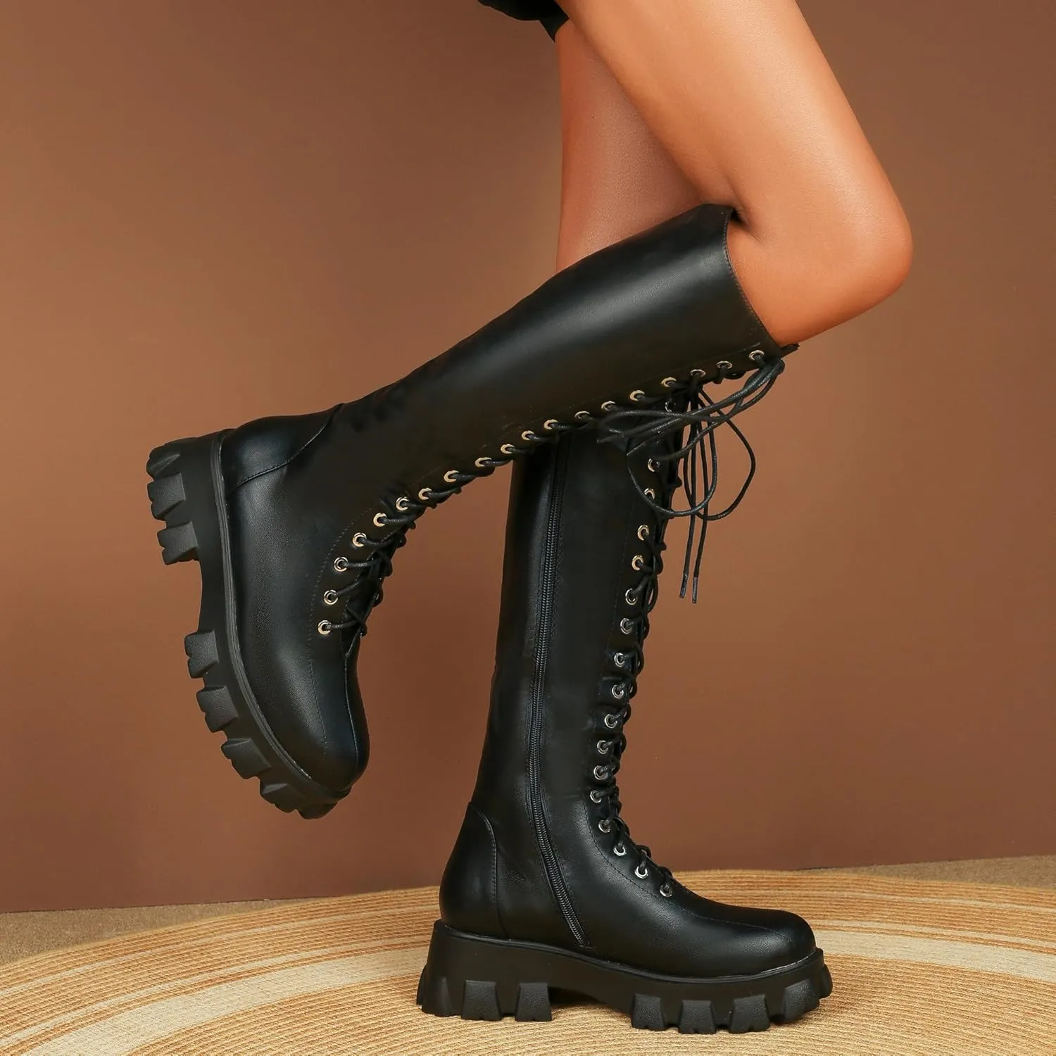 Women's knee high boots laces up eyelets long boots Ladies round toe boots