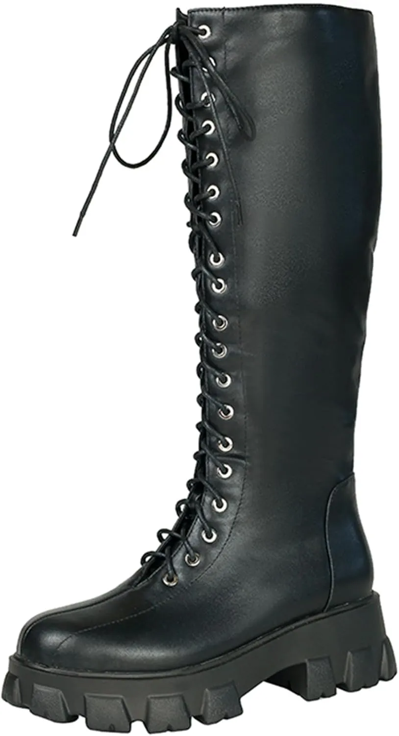 Women's knee high boots laces up eyelets long boots Ladies round toe boots