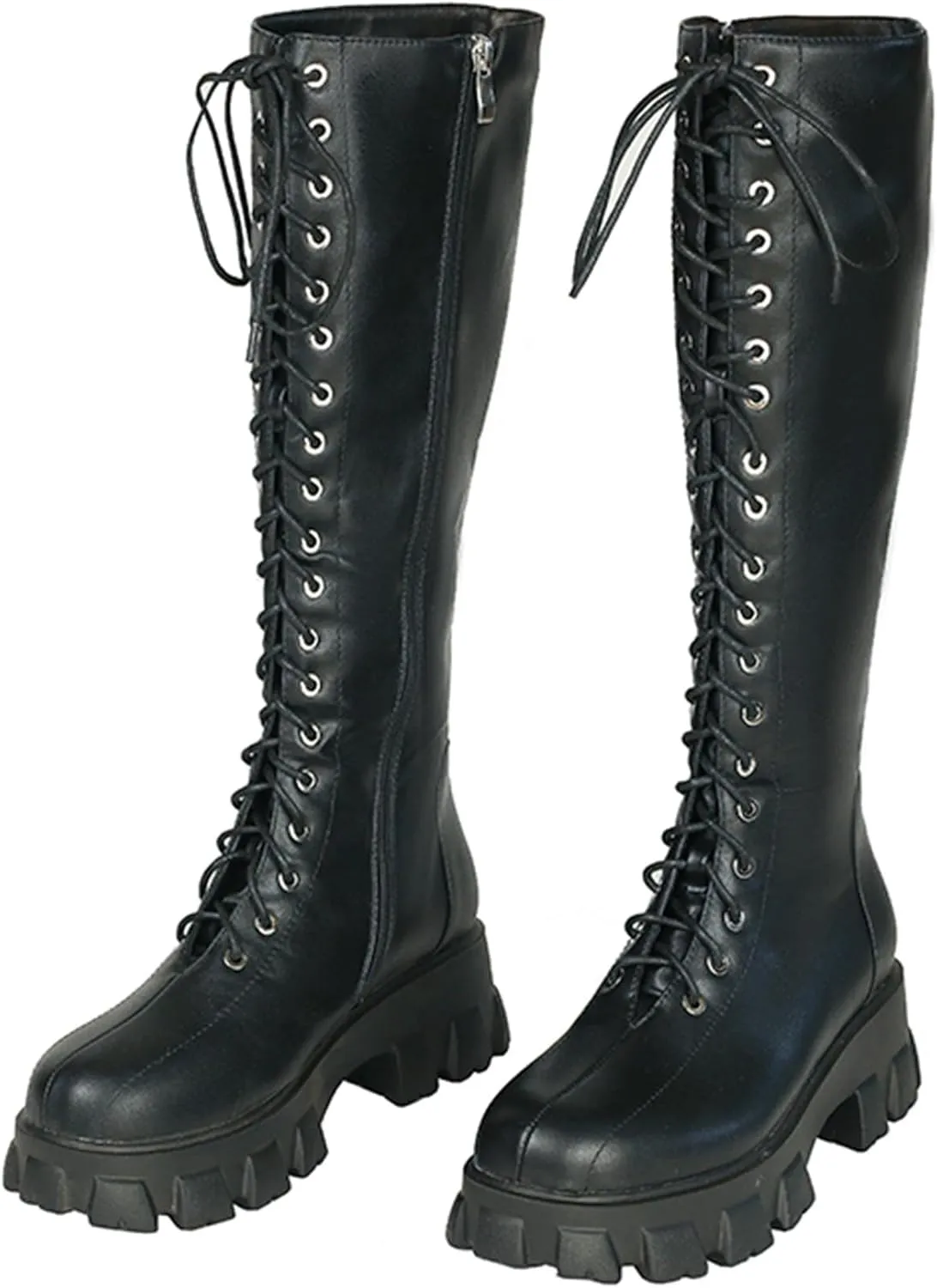 Women's knee high boots laces up eyelets long boots Ladies round toe boots