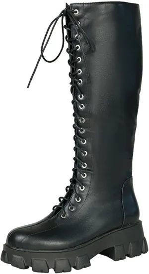 Women's knee high boots laces up eyelets long boots Ladies round toe boots