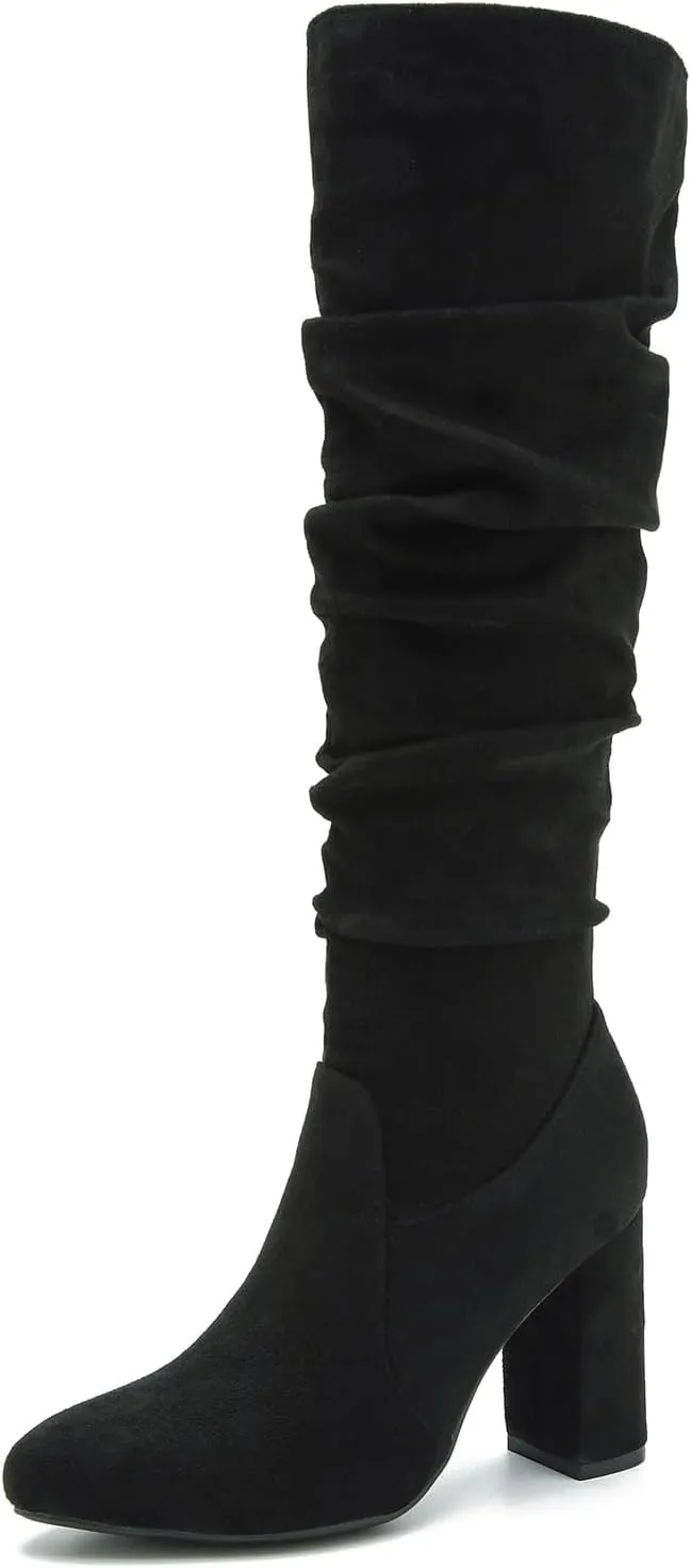 Women's Knee High Boots Sexy Pointed Toe Block Chunky High Heel Boots Side Zipper Pleated Leather Long Boots