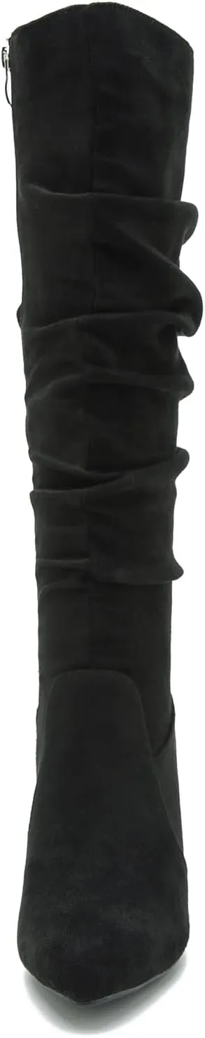 Women's Knee High Boots Sexy Pointed Toe Block Chunky High Heel Boots Side Zipper Pleated Leather Long Boots