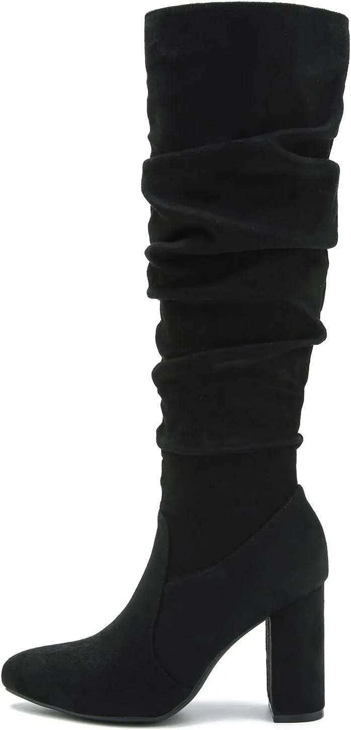 Women's Knee High Boots Sexy Pointed Toe Block Chunky High Heel Boots Side Zipper Pleated Leather Long Boots