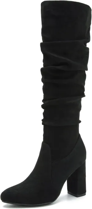 Women's Knee High Boots Sexy Pointed Toe Block Chunky High Heel Boots Side Zipper Pleated Leather Long Boots