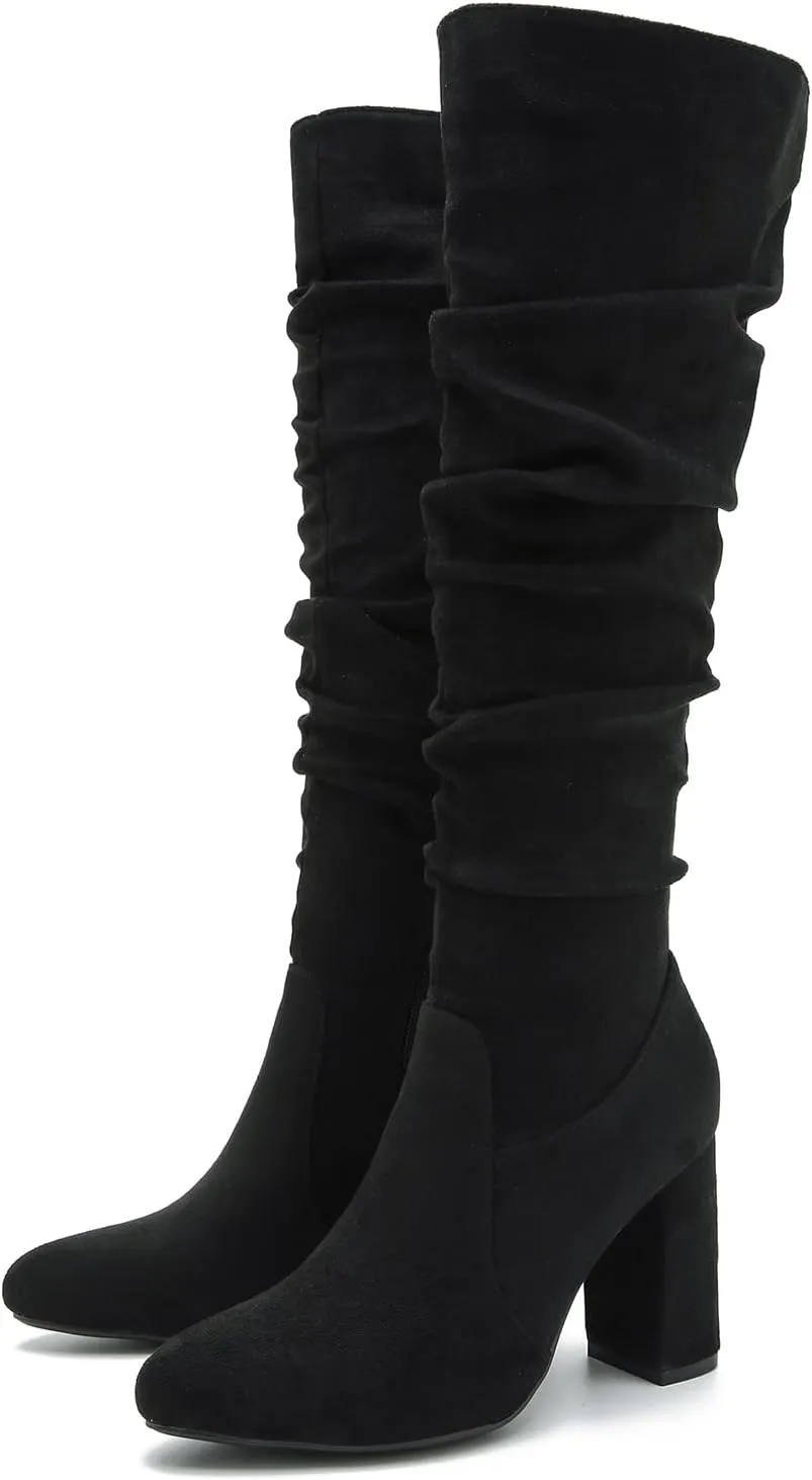 Women's Knee High Boots Sexy Pointed Toe Block Chunky High Heel Boots Side Zipper Pleated Leather Long Boots