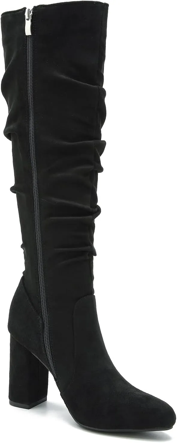 Women's Knee High Boots Sexy Pointed Toe Block Chunky High Heel Boots Side Zipper Pleated Leather Long Boots