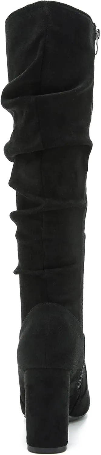Women's Knee High Boots Sexy Pointed Toe Block Chunky High Heel Boots Side Zipper Pleated Leather Long Boots