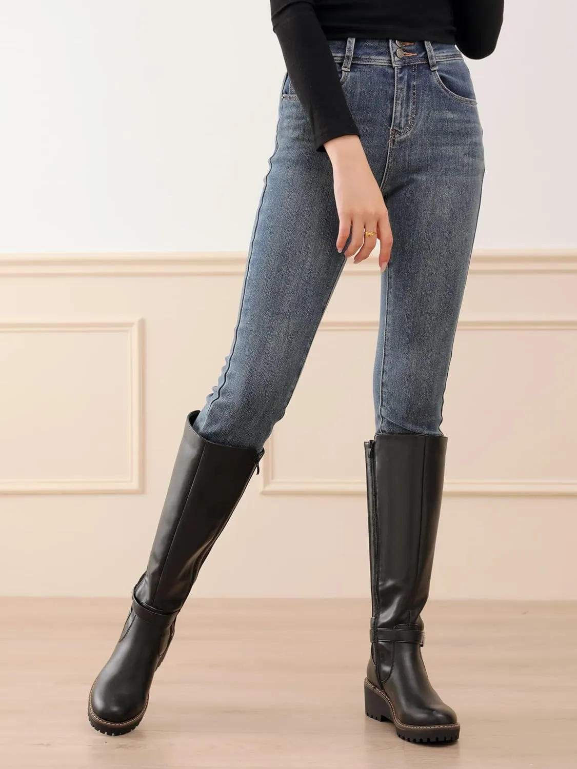 Women's Knee High Boots Tall Fall Wedges Round Toe Comfortable Size Zip with Fashion Buckles Platform Shoes for Women