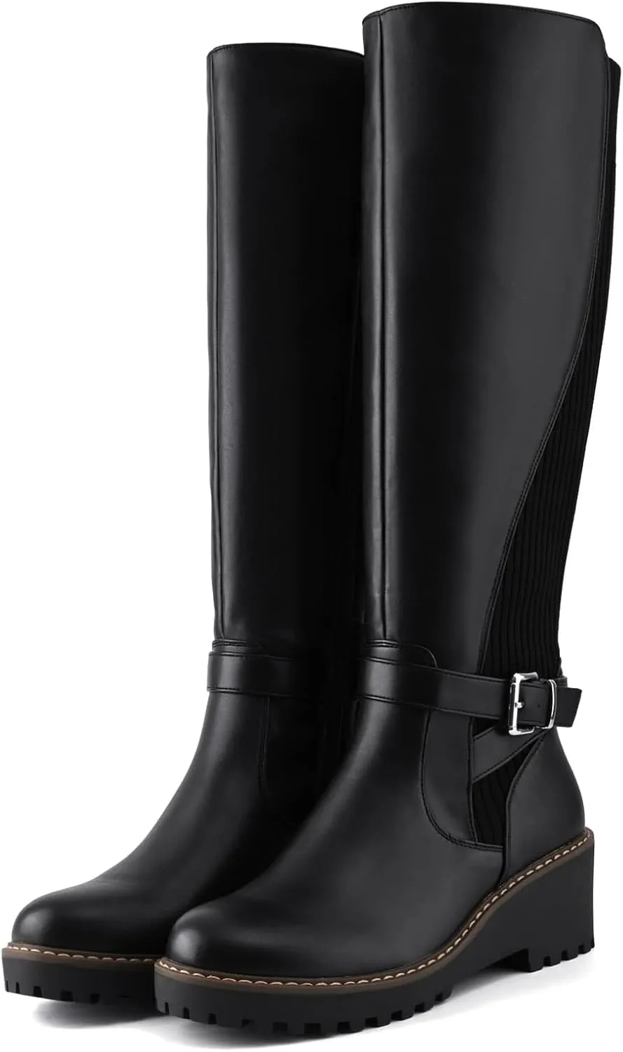 Women's Knee High Boots Tall Fall Wedges Round Toe Comfortable Size Zip with Fashion Buckles Platform Shoes for Women