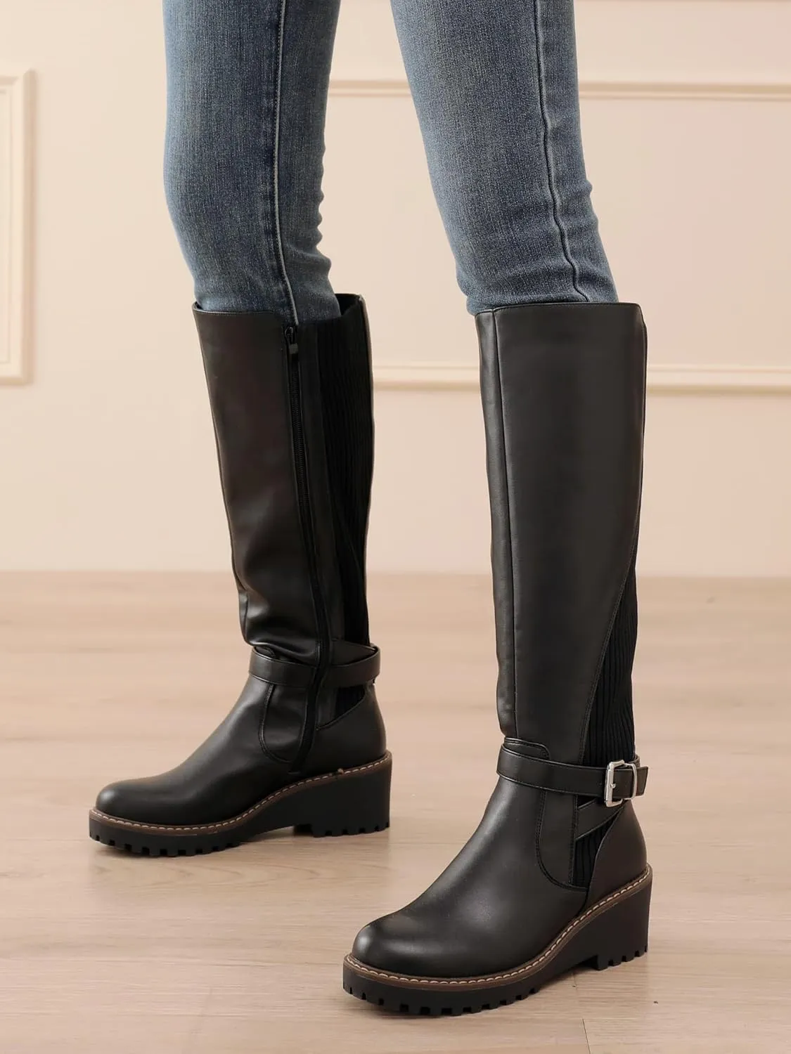 Women's Knee High Boots Tall Fall Wedges Round Toe Comfortable Size Zip with Fashion Buckles Platform Shoes for Women