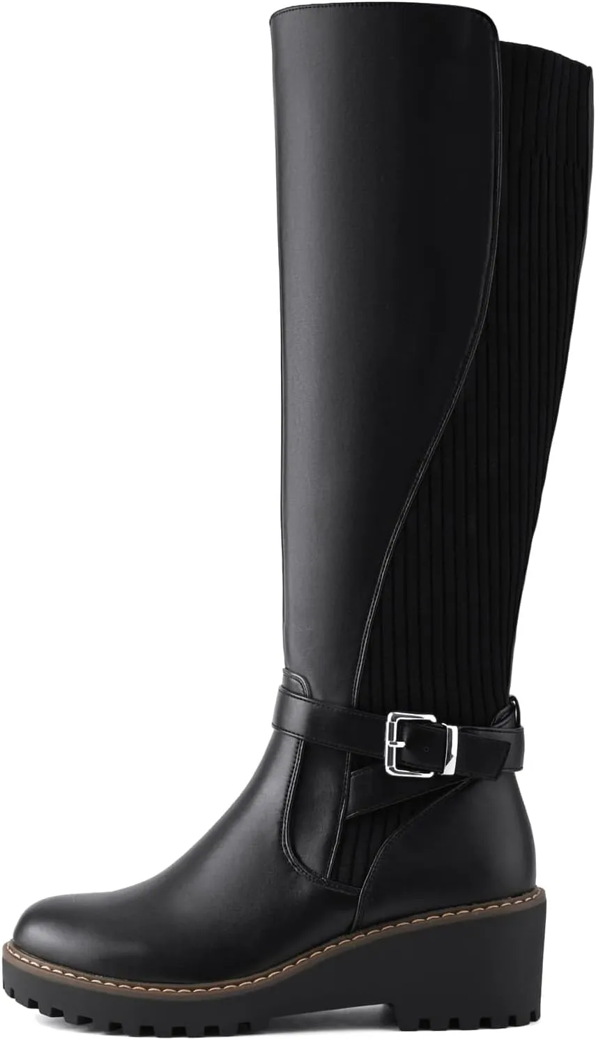Women's Knee High Boots Tall Fall Wedges Round Toe Comfortable Size Zip with Fashion Buckles Platform Shoes for Women