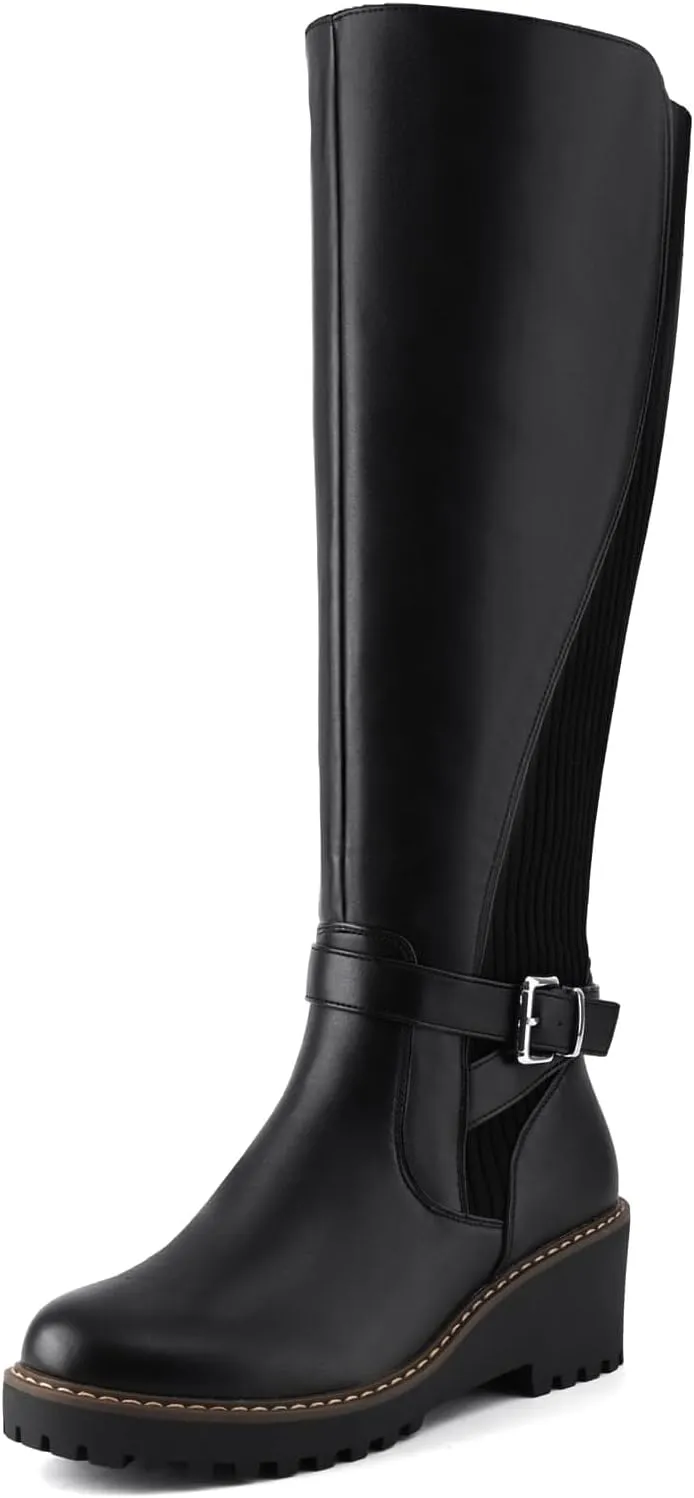 Women's Knee High Boots Tall Fall Wedges Round Toe Comfortable Size Zip with Fashion Buckles Platform Shoes for Women