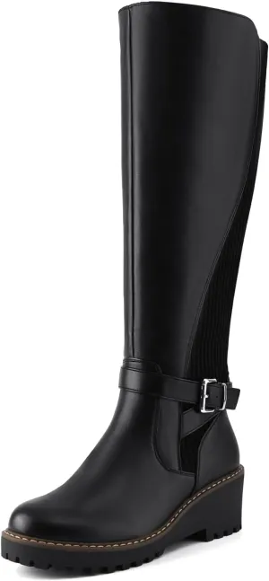 Women's Knee High Boots Tall Fall Wedges Round Toe Comfortable Size Zip with Fashion Buckles Platform Shoes for Women