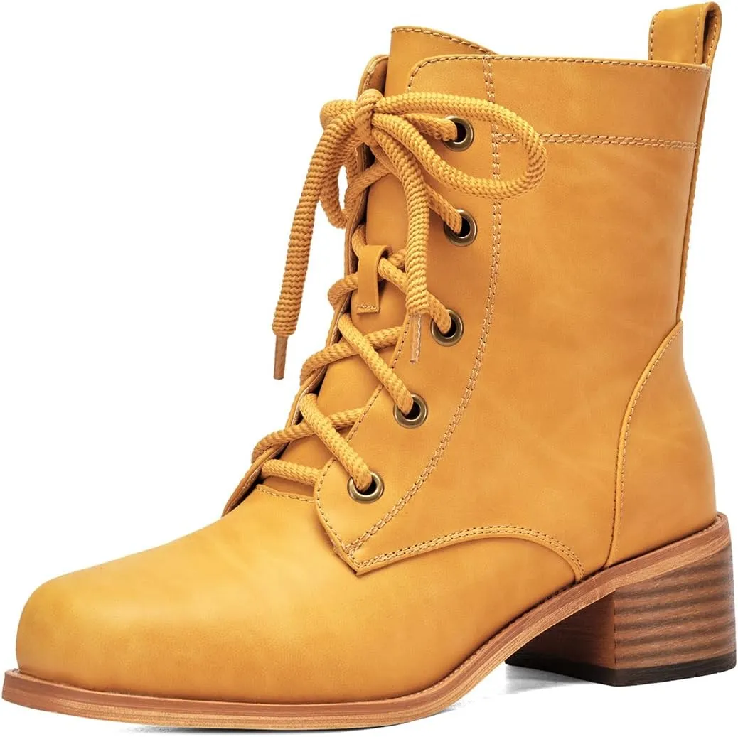 Women's Lace-Up Combat Boots Low Heel Waterproof Casual Fashion Ankle Booties