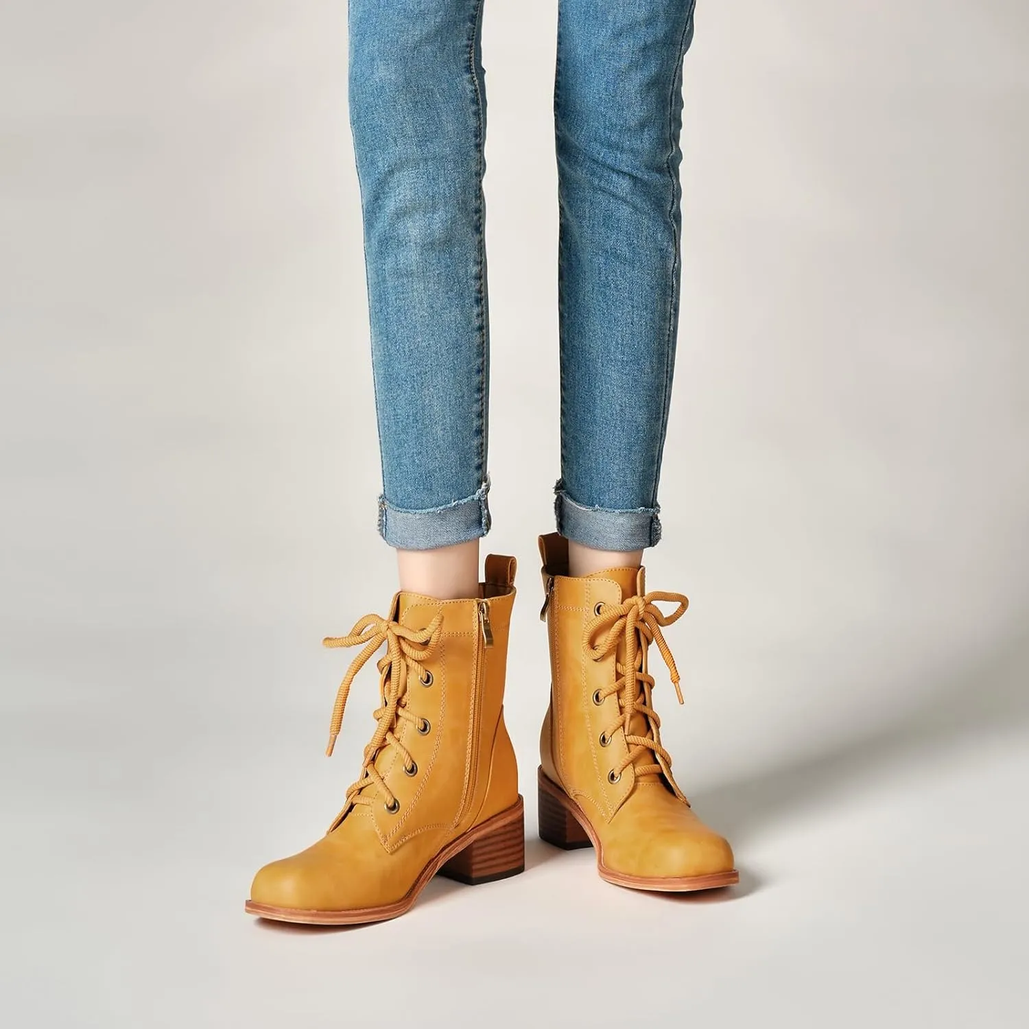 Women's Lace-Up Combat Boots Low Heel Waterproof Casual Fashion Ankle Booties