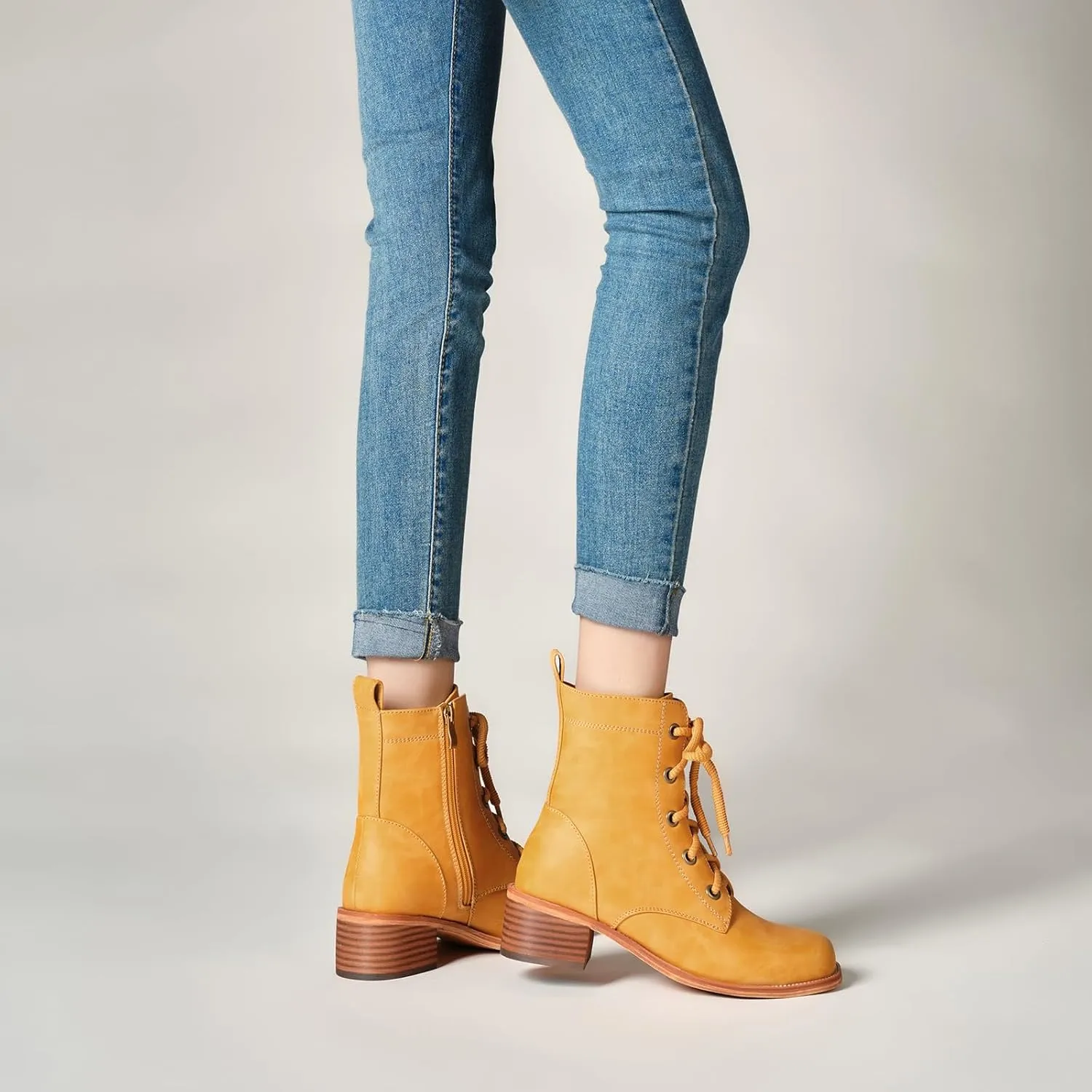 Women's Lace-Up Combat Boots Low Heel Waterproof Casual Fashion Ankle Booties