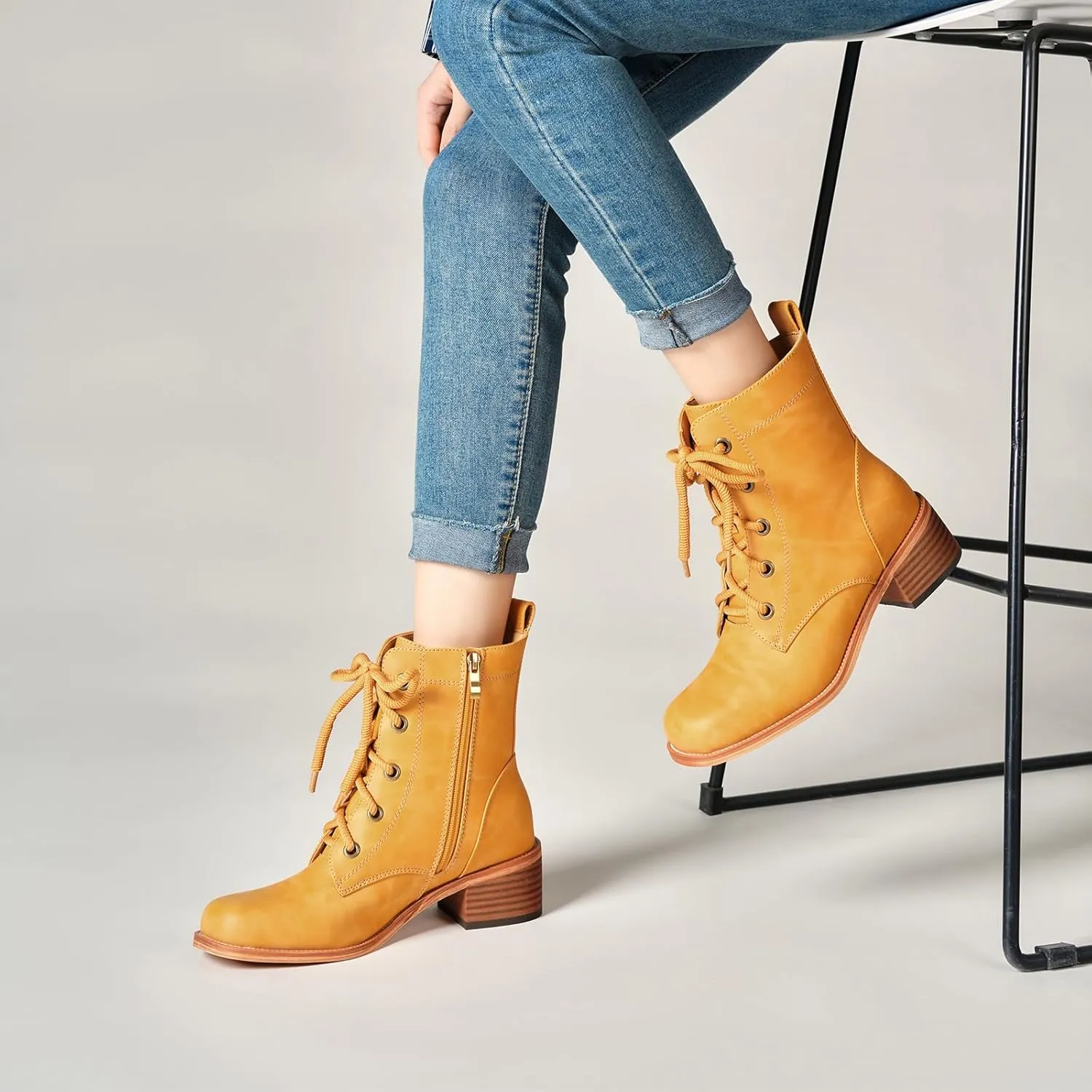 Women's Lace-Up Combat Boots Low Heel Waterproof Casual Fashion Ankle Booties