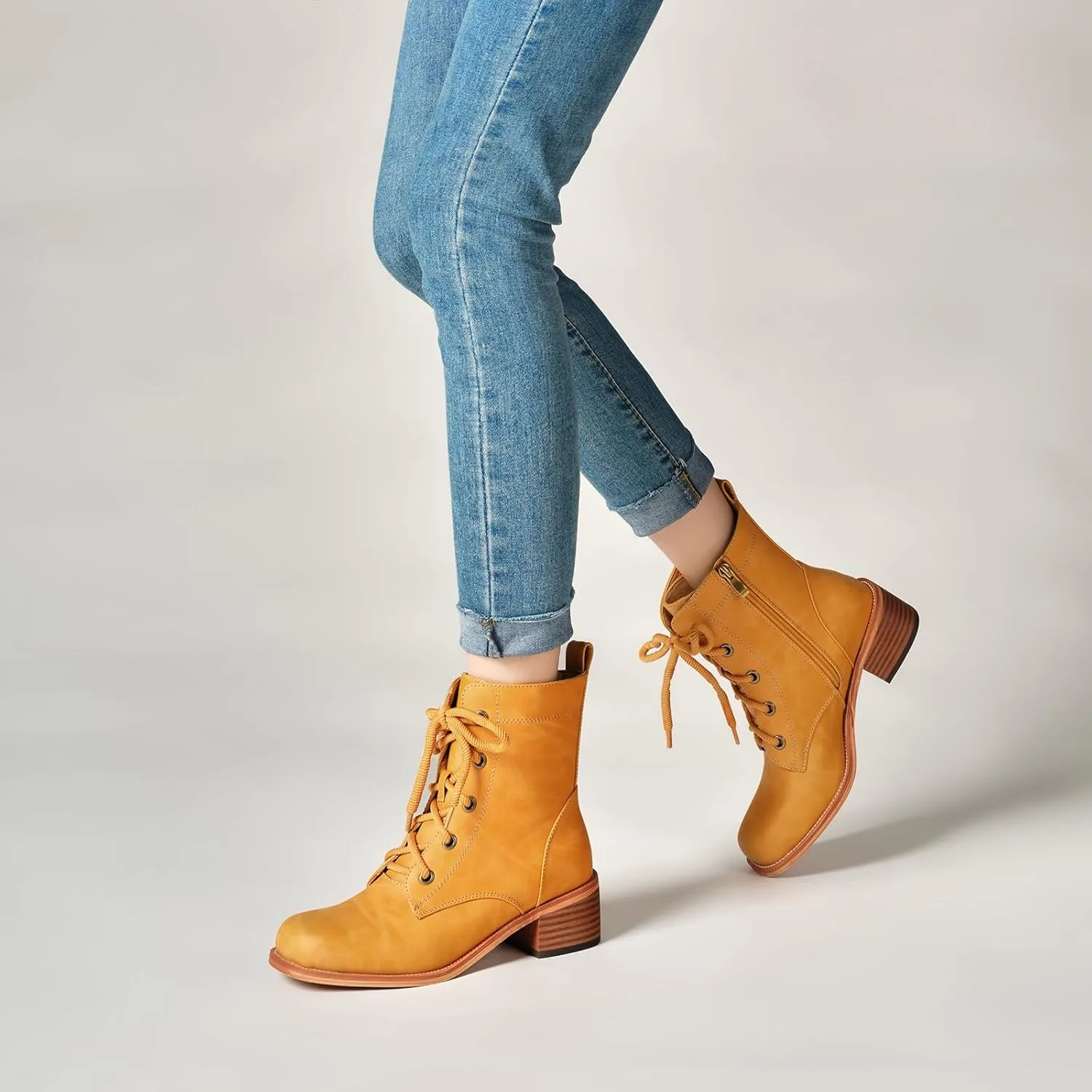 Women's Lace-Up Combat Boots Low Heel Waterproof Casual Fashion Ankle Booties